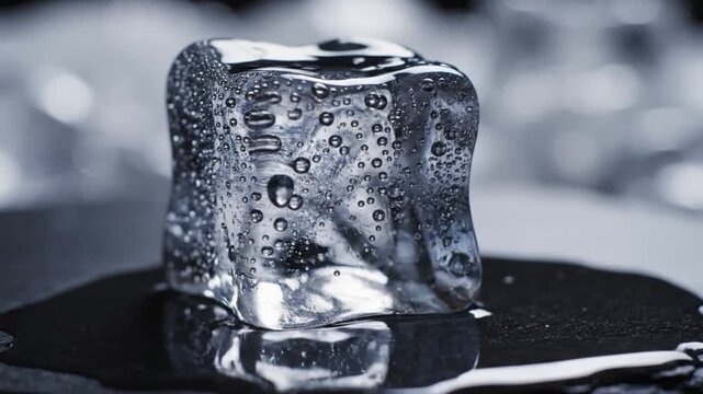 Fresh water pouring over clear ice cube on slate.