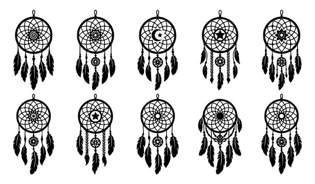 Black Dreamcatcher Silhouette Collection with Feathers and Tribal Bohemian Vector Art