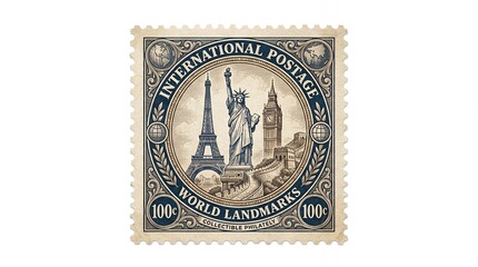 Obraz premium Intricately designed vintage postage stamp illustration showcasing iconic world landmarks for international travel and global exploration