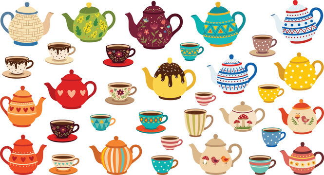  Cute vintage teapot and teacup vector illustration set featuring colorful ceramic pots mugs with floral polka dot patterns