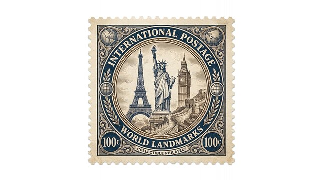 Intricately designed vintage postage stamp illustration showcasing iconic world landmarks for international travel and global exploration