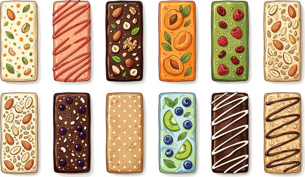 Healthy granola protein bars vector set featuring sweet organic cereal snacks with nuts fruits chocolate and berries