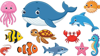 Cute sea animals cartoon vector illustration set featuring blue whale dolphin shark sea turtle jellyfish and clownfish © Jasmin