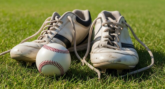 Pair of worn baseball cleats with a baseball on grass field outdoor. basball