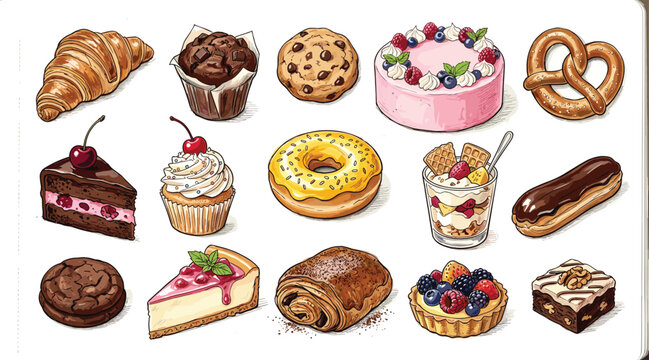 Watercolor bakery pastry and dessert set cartoon vector illustration featuring croissant muffin cookie donut tart cake slice and pretzel