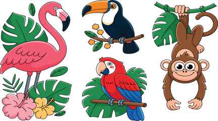 Naklejka premium Cute Tropical Animal Collection Exotic Jungle Cartoon Summer Pack