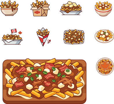 Set of cute cartoon poutine illustrations for Canada Day food menus