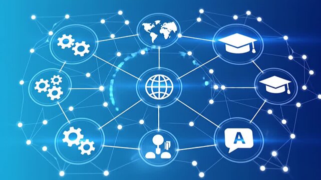 Abstract digital network with world map gears and education icons