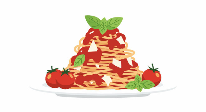Delicious spaghetti with tomato sauce, cheese, and basil on a plate