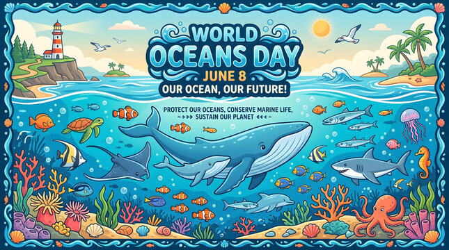 World oceans day illustration with marine life and coastal scenery