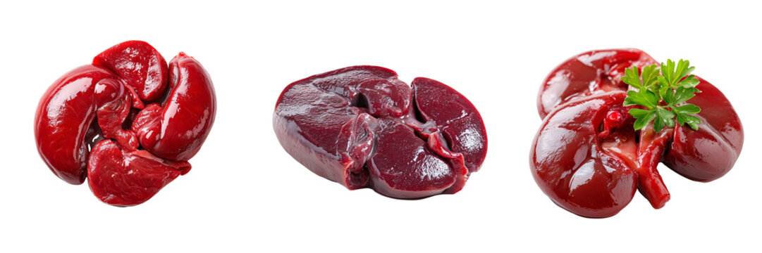 Set of Fresh raw lamb kidneys arranged on a rustic cutting board transparent png background. Ai generated