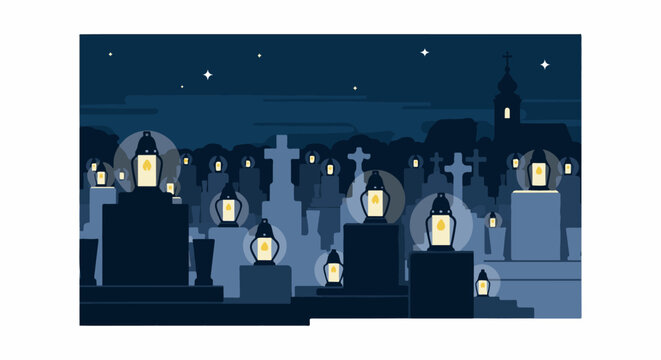 Dark night cemetery scene with many illuminated graveside lanterns