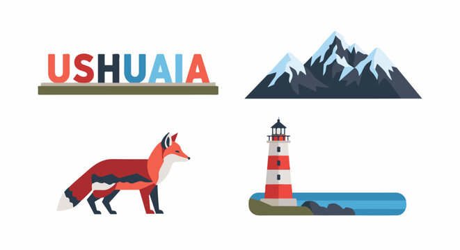 Colorful text "USHUAIA" sits above a fox, facing snowy mountains and lighthouse
