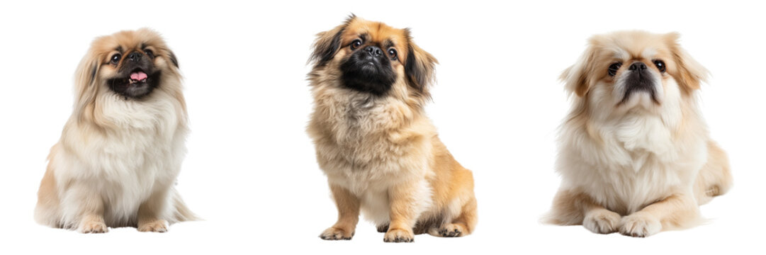 Set of Cute Pekingese dog standing sideways with elegant long fur transparent png background. Ai generated