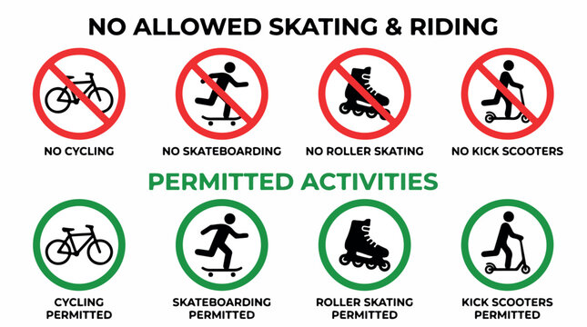 Prohibition and permission signs for cycling and skating, set of 8 vector icons for no skateboarding and permitted activities, red and green warning symbols