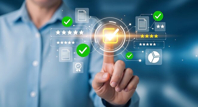 Quality assurance concept man interacting with digital checkmarks ratings and data analysis interface