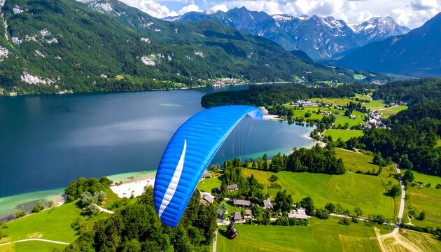 Vibrant paraglider floats over lake, mountains, and village under a sunny, clouded sky