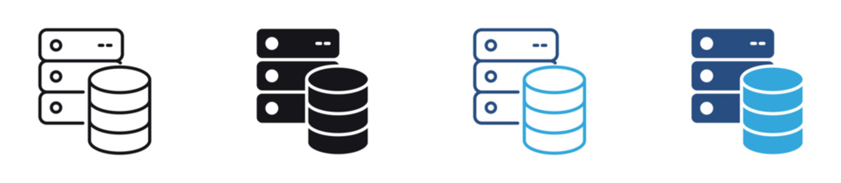 Database Server Storage Icon Set. Data center and cloud storage symbols for database management, web hosting, backup systems, and digital infrastructure technology concept. Vector illustration.