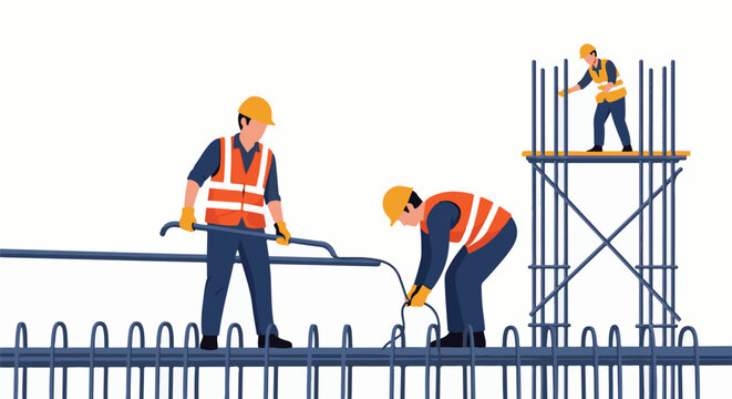 Construction workers with rebar and scaffolding, building structure