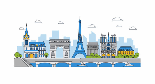 Colorful line drawing of Parisian landmarks along a river