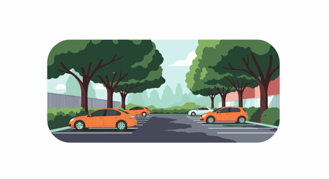 Cars parked in a lot with trees and buildings