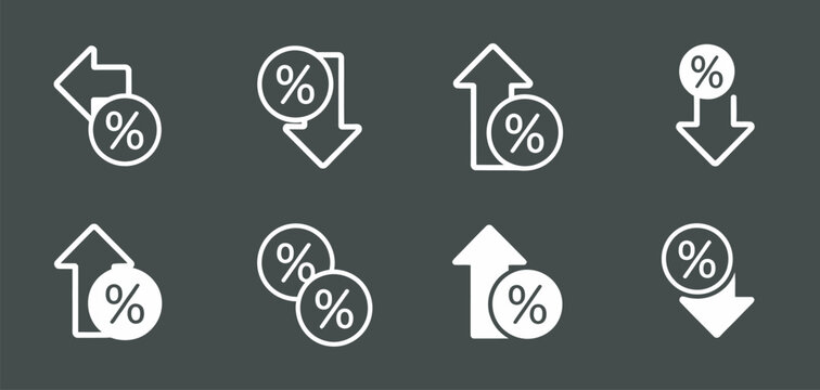 Percent arrows discount and pricing change icon vector isolated set for percentage increase decrease, pricing adjustments and market fluctuation visuals in business and finance applications.