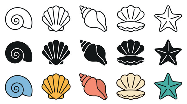 Various sea shells and starfish icon collection featuring outline, solid, and colorful vector illustrations for marine and beach-themed designs.