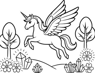 Fototapeta premium Flying pegasus winged horse coloring page design