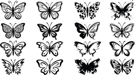 Fototapeta premium Collection of black and white butterfly silhouettes and illustrations