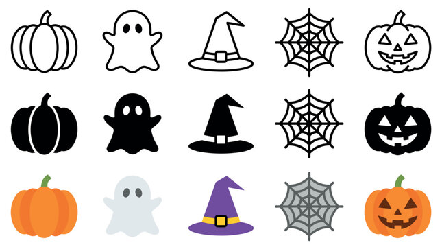 Halloween icons set featuring pumpkins, ghosts, witch hats, spiderwebs, and jack-o'-lanterns in various styles for festive designs.