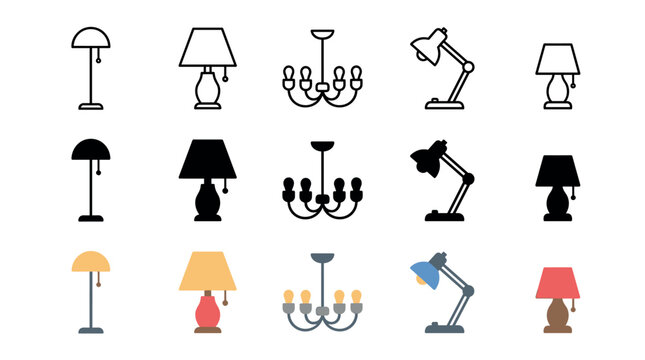 Various types of lamps and lighting fixtures, including floor, table, desk, and chandeliers, are illustrated in a collection of outline, silhouette, and flat design icons.