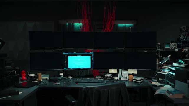 Empty messy computer room with multiple screens and cables, ideal for a hacker or programmer