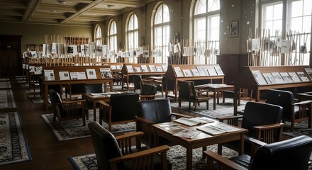 Fototapeta premium Antique reading room with dark wood furniture open books and historical documents on display