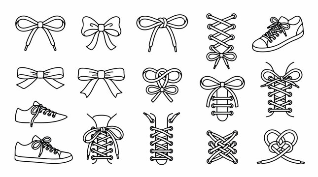 Shoelace knot and bow icons set, black and white sneaker lacing techniques, footwear ribbon tying diagrams, 15 vector line art elements