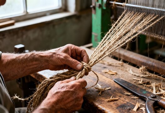 Worker hands tying bundles of raw jute fiber for industrial post harvest processing with material