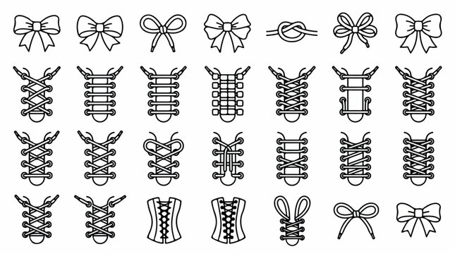 Shoelace tying methods and bow knot icons, 28 black line vector elements, sneaker lacing techniques and corset lacing styles for footwear design