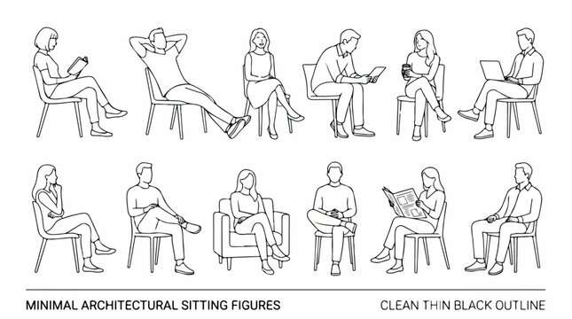 Minimal architectural sitting figures in clean thin black outline, set of 12 people sitting on chairs, vector line art for floor plans and sections