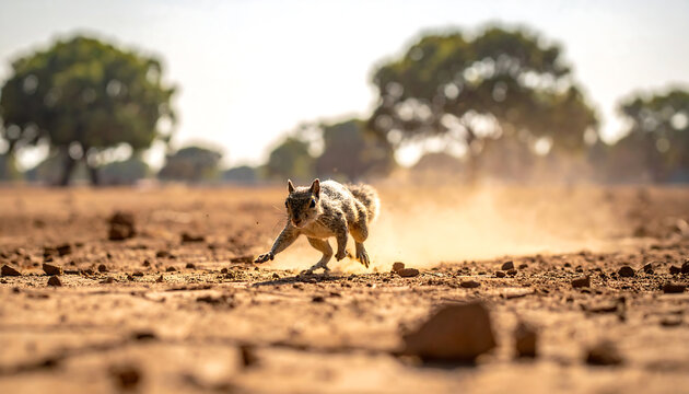 Close up action shot of a small wild squirrel running fast kicking up dust in a dry arid landscape with trees in background