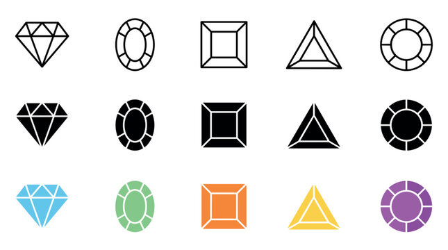 Colorful gemstone jewelry icons set with various shapes and styles, including outline, solid black, and vibrant colored designs for luxury and precious stone concepts.
