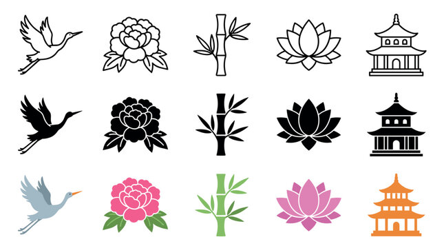 Traditional Asian cultural nature and building symbols presented as a versatile icon collection in outline, solid, and colored styles.