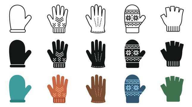 Various gloves and mittens icons in different styles, including solid, outline, patterned, and fingerless designs, representing winter apparel and hand protection.