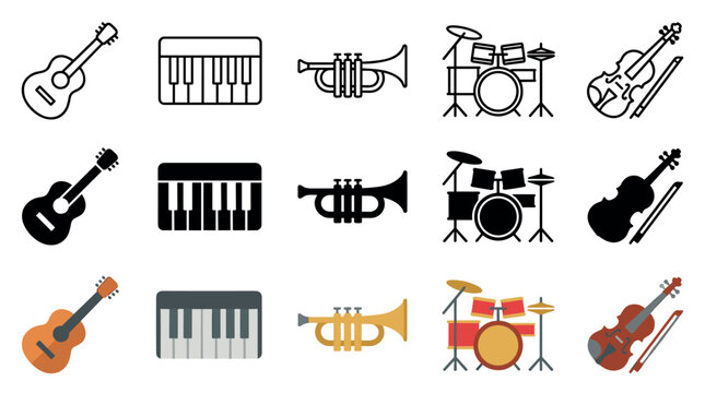 Musical instrument icons set in various styles including outline, solid silhouette, and flat color illustrations for music, sound, and entertainment concepts.