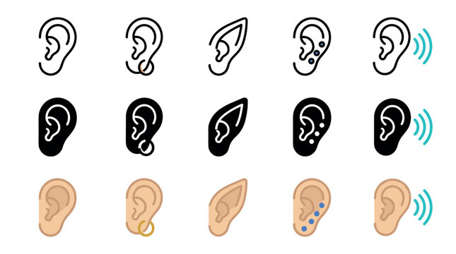 Set of ear icons depicting human anatomy, elf ears, piercings, and sound perception in various outline, filled, and colored visual styles.