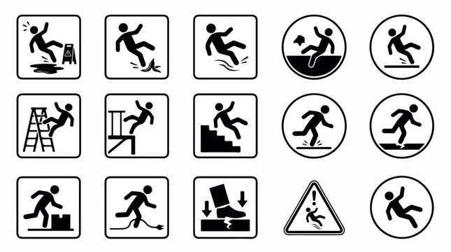 Slipping and falling hazard icons, set of 15 black safety warning pictograms, occupational health and accident prevention vector symbols