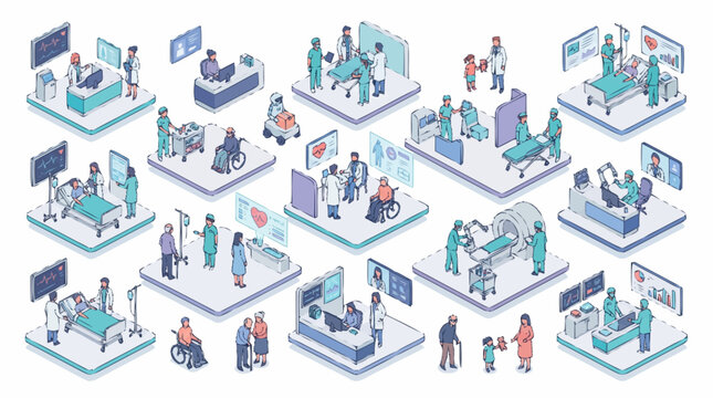 Isometric Medical Hospital Scenes With Doctors Nurses Patients And Equipment.