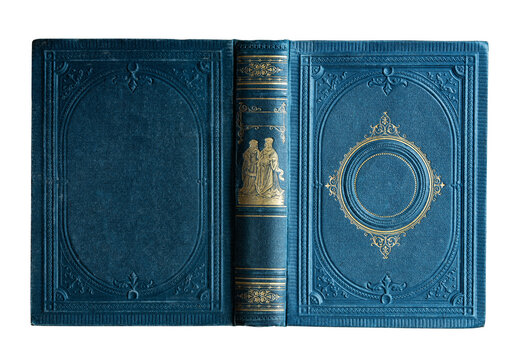 Antique hardcover book with an ornate decorative binding made of cloth and illustrated cardboard, featuring rich gold embossing and blue colors. Isolated on a white background 