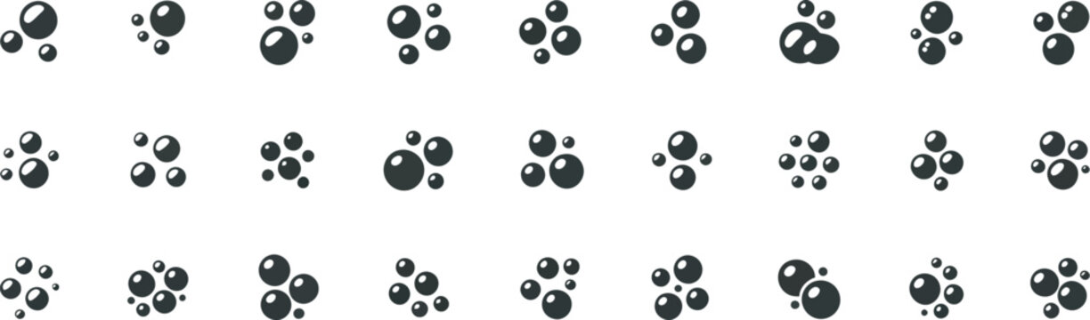 Soap foam bubbles black glyph icon set isolated vector icons representing washing foam, hygiene products, detergent bubbles and cleanliness concepts for household and industrial cleaning applications.