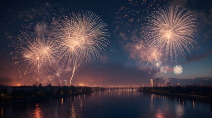 Fototapeta premium Stunning fireworks display over the city river and bridge during new year celebration
