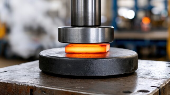 Industrial hydraulic press compressing a heated metal block on a sturdy workbench inside a manufacturing facility with blurred machinery in the background