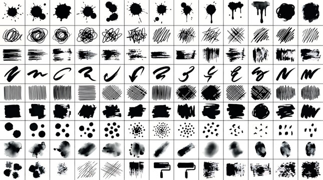 Set of various handdrawn brush strokes, ink splashes, scribbles, and textures